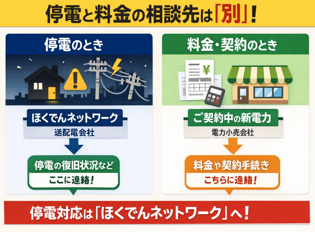 「停電の連絡先はほくでんネットワーク、料金・契約の連絡先は契約中の新電力(小売電気事業者)」